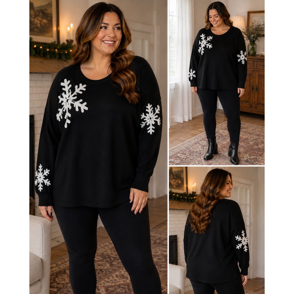 Aaeda 2X Snowflake Sweater Black White Dolman Batwing Holiday Winter Plus Size